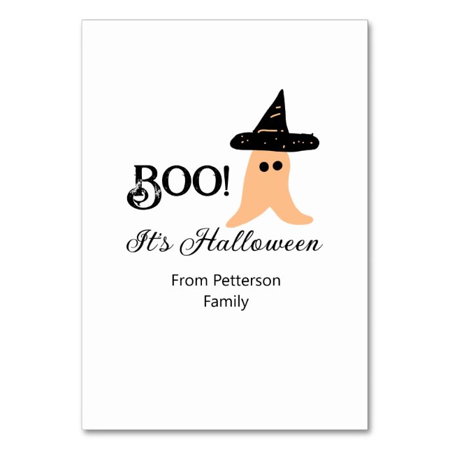 Tarjeta De Mesa Boo, es Halloween de naranja de apellido fantasma (Anverso)