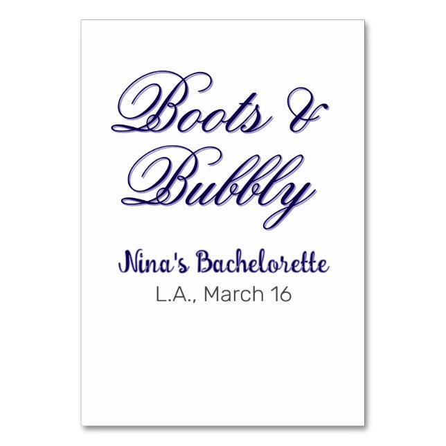 Tarjeta De Mesa Boots & Bubble bachelorette party name purpleplace (Anverso)