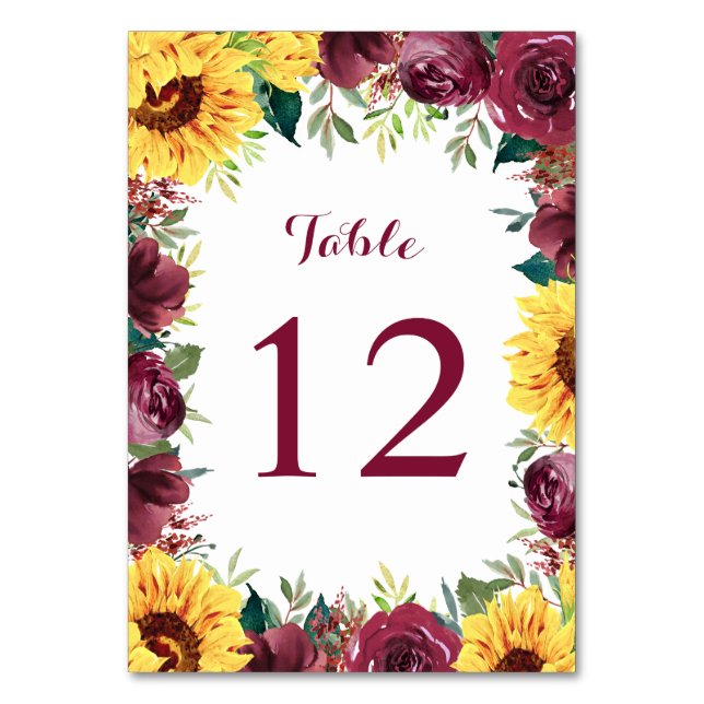 Tarjeta De Mesa Bordado Floral de Girasoles en Acuarela para Boda (Anverso)