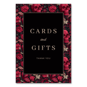 Tarjeta De Mesa Borde de Calaveras Florales Rojas Góticas