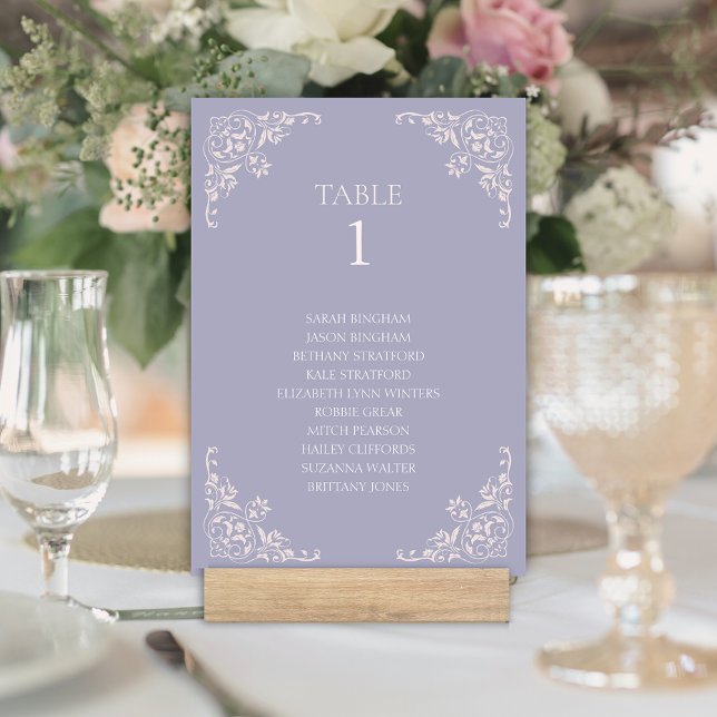 Tarjeta De Mesa Borde de cosecha de lavado lino célago (Elegant vintage lavendar purple french lilac wedding table number sign card for bridgerton old money)