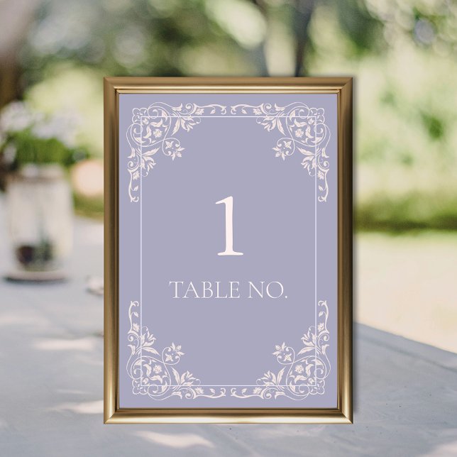 Tarjeta De Mesa Borde de época lilac francés simple y elegante (Simple elegant wedding table sign card with lavendar purple french lilac theme for vintage romantic)