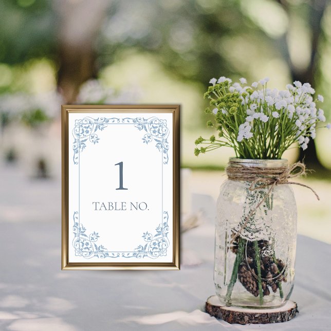 Tarjeta De Mesa Borde de Moda blanco y azul elegante simple (elegant blue and white coastal chic romantic wedding table numbers with decorative border dusty blue)