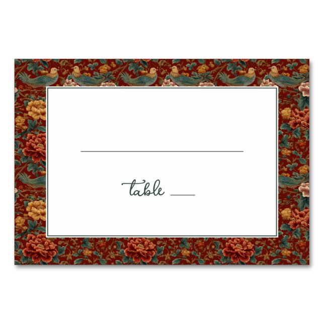 Tarjeta De Mesa Borde de Pájaro Floral Rojo Sofisticado (Anverso)