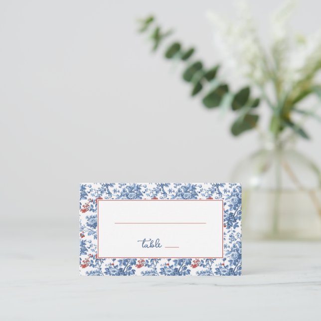 Tarjeta De Mesa Borde Floral Elegante Cobalto (Anverso de pie)