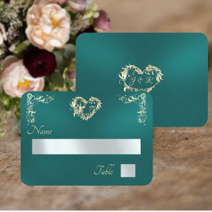 Tarjeta De Mesa Borde Vintage y Monograma - Turquesa