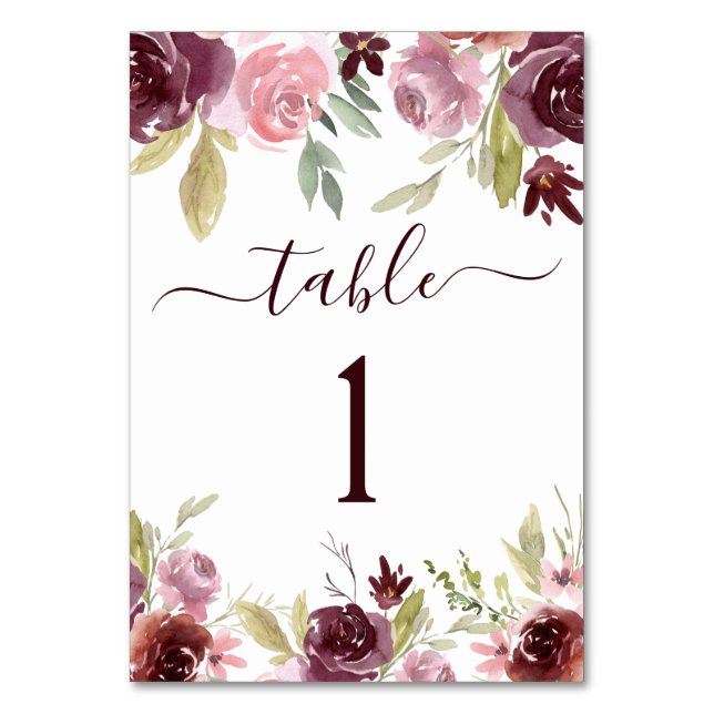 Tarjeta De Mesa Borgoña elegante acuarela Boda floral (Reverso)