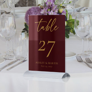 Tarjeta De Mesa Borgoña elegante con Boda personalizado de oro