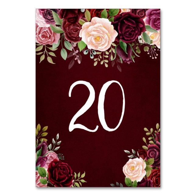 Tarjeta De Mesa Borgoña, floral (Anverso)