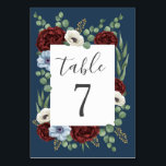 Tarjeta De Mesa Borgoña Peony Dusty Blue Anemone Boda floral<br><div class="desc">El diseño presenta una corona floral de vegetación compuesta por un dólar de plata y eucalipto sembrado. Las peonías de rosas rojas borgoñadas, el crudo polvoriento azul y marfil o las anémonas blancas añaden un toque elegante. El fondo es una sombra azul marino con un cuadro de texto blanco. Se...</div>