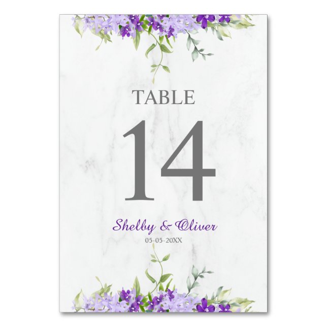Tarjeta De Mesa Botanical and Floral Wedding Design in Purple (Anverso)