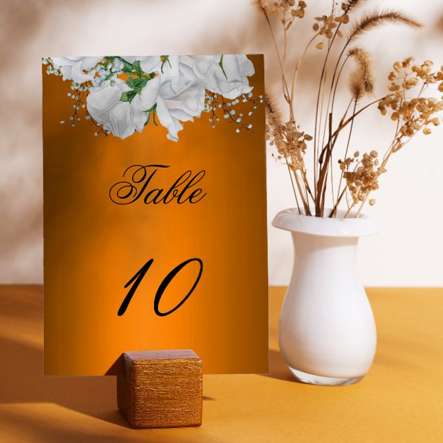 Tarjeta De Mesa Bouquet de rosa blanca sobre Boda Naranja quemado (Subido por el creador)