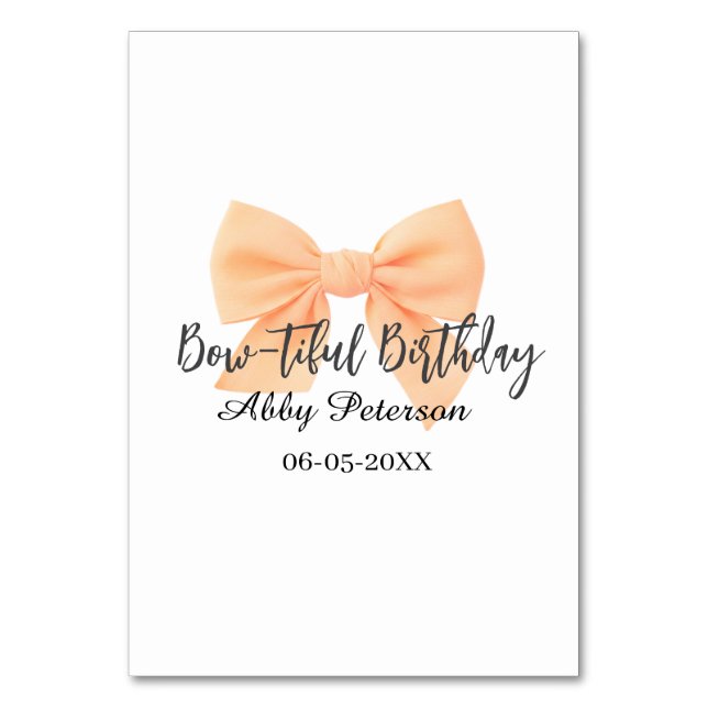 Tarjeta De Mesa Bow-tiful birthday orange bow name date simple pas (Anverso)