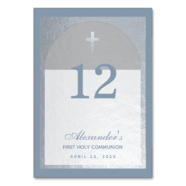 Tarjeta De Mesa Boy First Community Dusty Blue Faux Silver Cross
