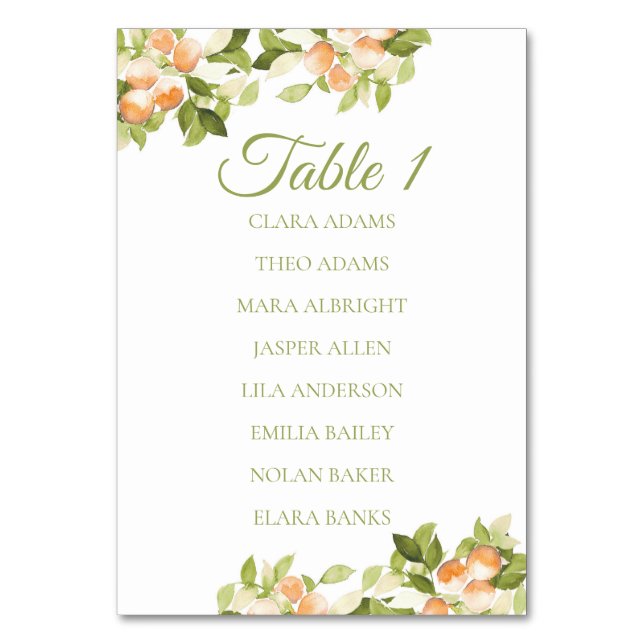 Tarjeta De Mesa Bright Orange Citrus Numeric Seating Chart (Anverso)