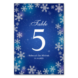 Tarjeta De Mesa Brillantes de nieve Blue Winter Bat Mitzvah Table