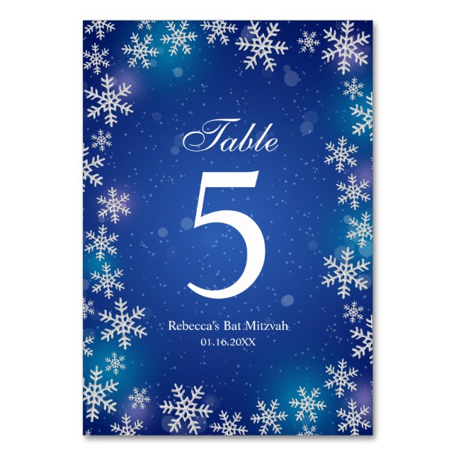 Tarjeta De Mesa Brillantes de nieve Blue Winter Bat Mitzvah Table (Anverso)