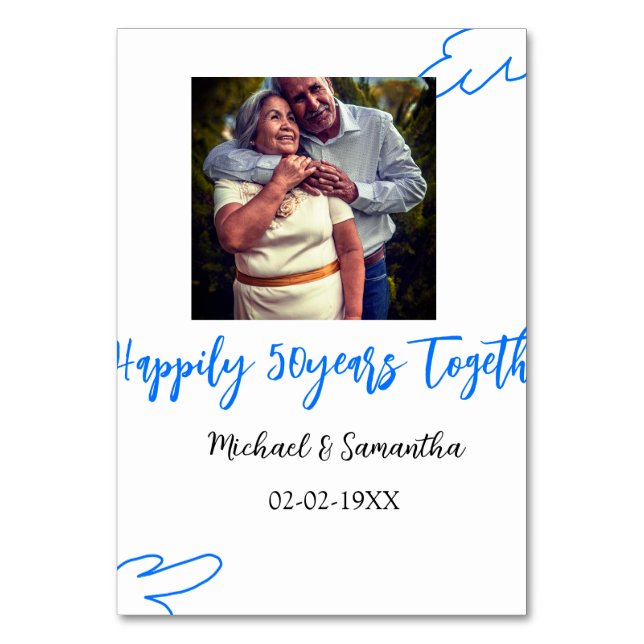 Tarjeta De Mesa brindis por 50 años aniversario foto de hoja azul  (Anverso)