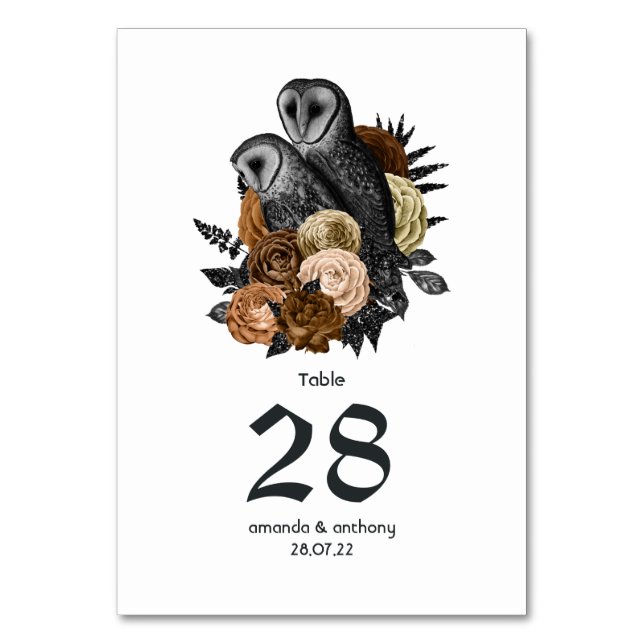 Tarjeta De Mesa Búhos Florales Ámbar Bodas Góticas (Anverso)