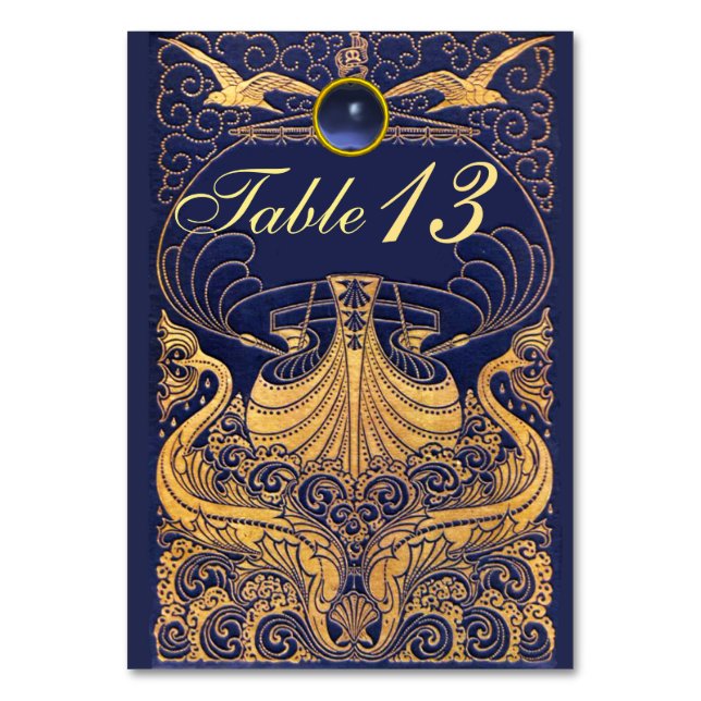 Tarjeta De Mesa Buque antiguo, delfines, oro, azul marino (Anverso)