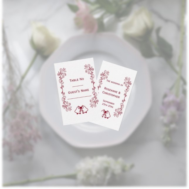 Tarjeta De Mesa Burgundy Bells Scrollwork Boda de diseño (Burgundy wedding reception dinner place cards bells and scrollwork design)