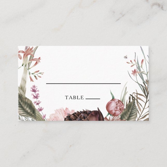 Tarjeta De Mesa Burgundy Boho Floral Flat Boda Place Card (Anverso)
