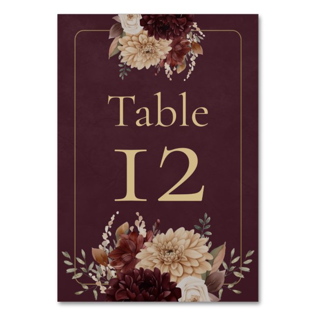 Tarjeta De Mesa Burgundy Floral Gothic Wedding Table Number (Anverso)