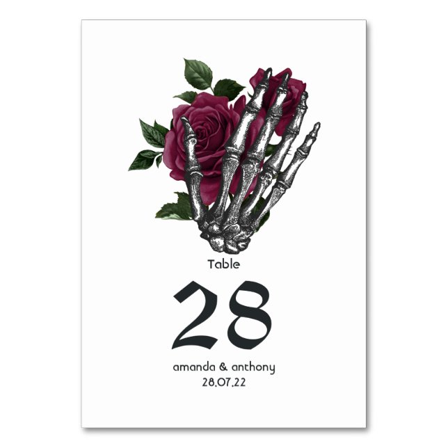 Tarjeta De Mesa Burgundy Floral Skeleton Boda gótico (Anverso)