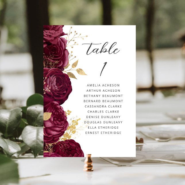 Tarjeta De Mesa Burgundy Gold Floral Boda de escritura moderna (Subido por el creador)