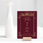Tarjeta De Mesa Burgundy Gold Floral Número de tabla simple Boda<br><div class="desc">Este burdeos dorado floral y sencillo número de mesa boda cuenta con un magnífico y sofisticado marco de merlot oscuro con elegantes caligrafías doradas y adornos dorados con flores. La historia de color de joyas y los acentos dorados del boho botánico, junto con un guión delicado mínimo, crean una estética...</div>