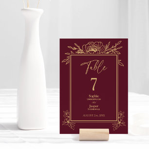 Tarjeta De Mesa Burgundy Gold Floral Número de tabla simple Boda