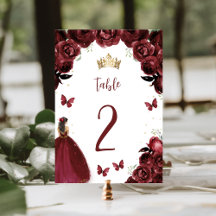 Burgundy Gold Floral Princess Quinceañera