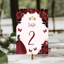 Burgundy Gold Floral Princess Quinceañera