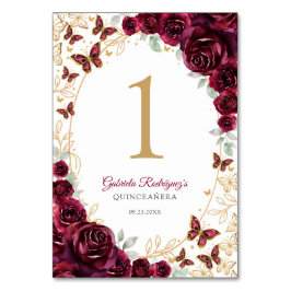 Tarjeta De Mesa Burgundy Gold Floral Quinceanera