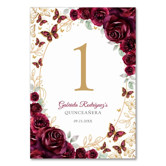 Tarjeta De Mesa Burgundy Gold Floral Quinceanera (Anverso)