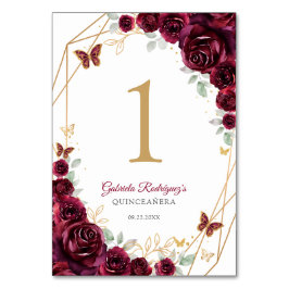 Tarjeta De Mesa Burgundy Gold Floral Quinceanera