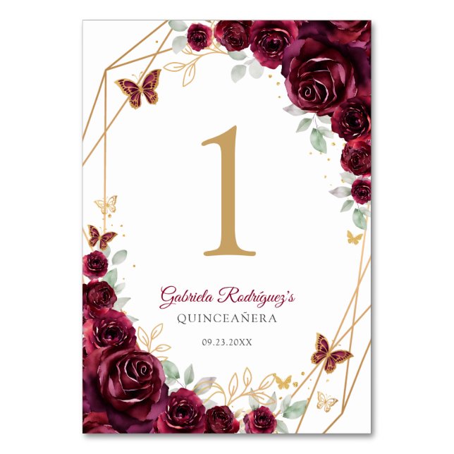Tarjeta De Mesa Burgundy Gold Floral Quinceanera (Anverso)