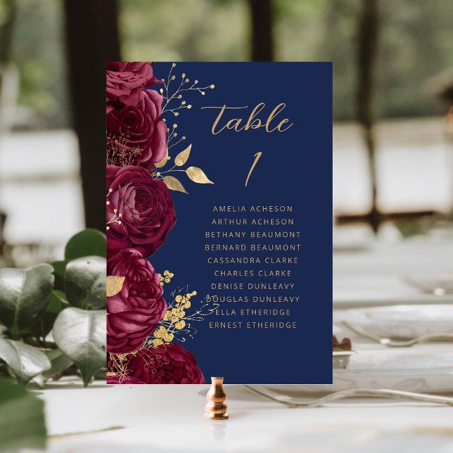 Tarjeta De Mesa Burgundy Gold Floral Script Navy Blue Wedding (Subido por el creador)