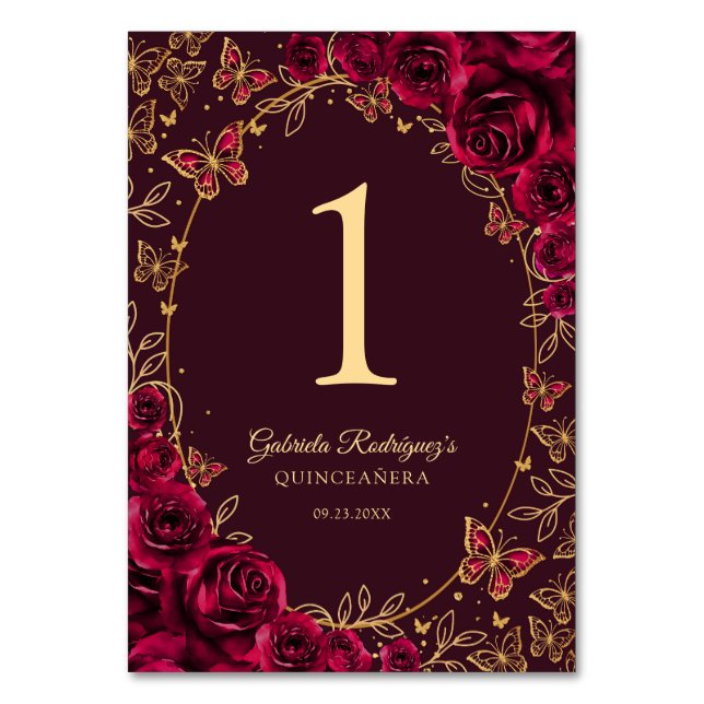 Tarjeta De Mesa Burgundy Gold Quinceanera (Anverso)