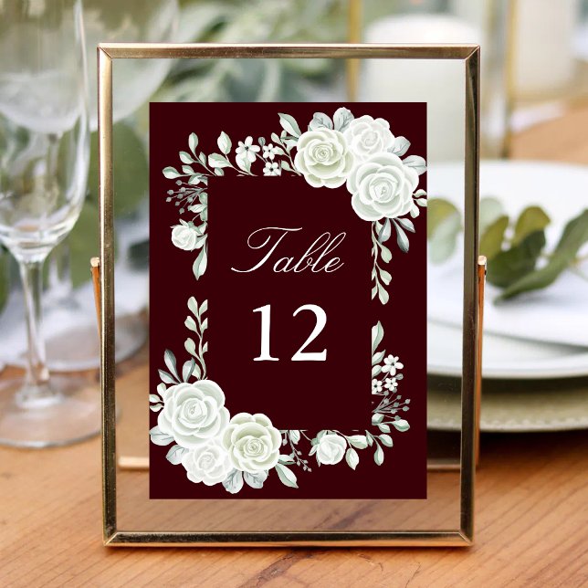 Tarjeta De Mesa Burgundy Gothic White Roses Wedding Table Numbers (Subido por el creador)
