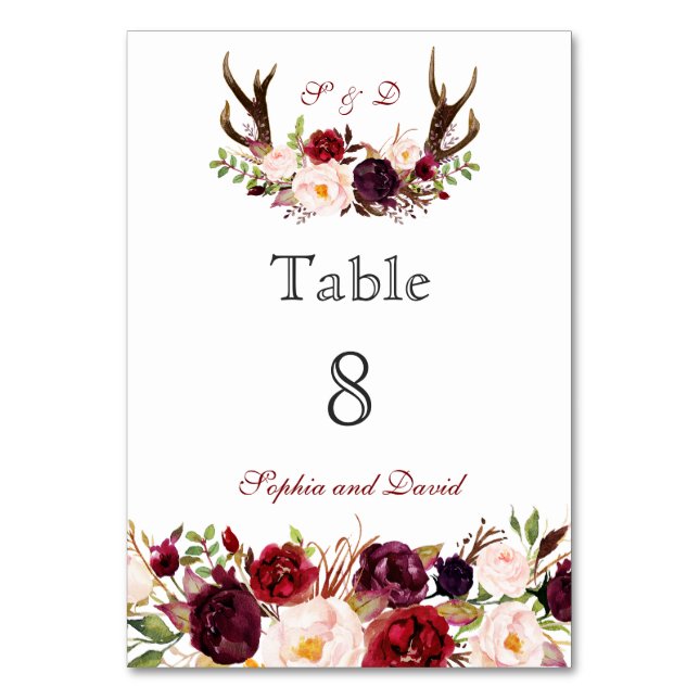 Tarjeta De Mesa Burgundy Marsala Floral Antlers Número de tabla (Anverso)