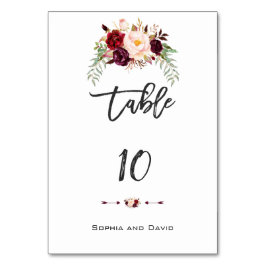 Tarjeta De Mesa Burgundy Marsala Floral HandWriting Table Number