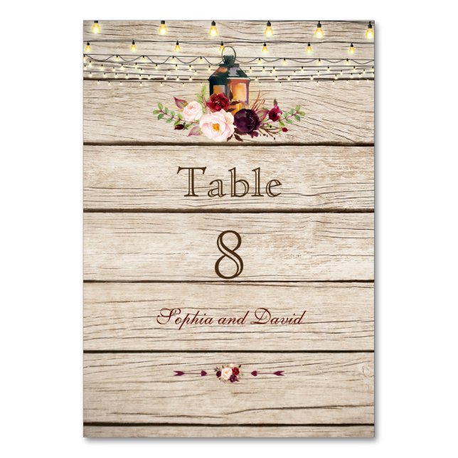 Tarjeta De Mesa Burgundy Marsala Floral Lantern Wood Table Number (Anverso)