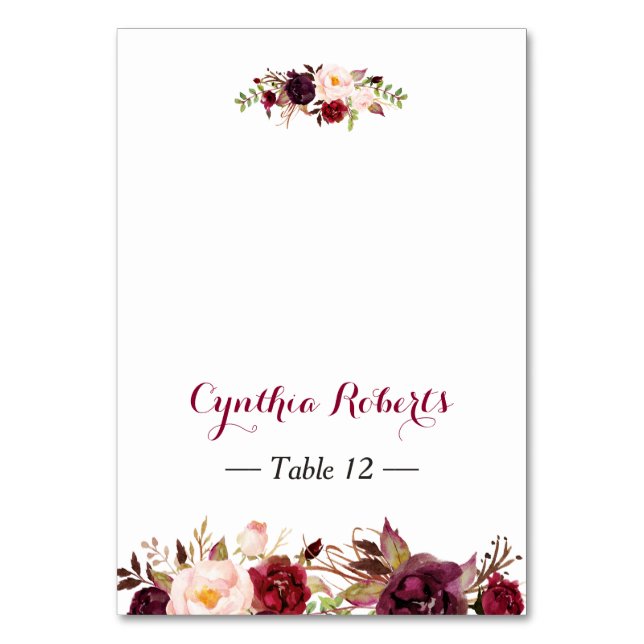 Tarjeta De Mesa Burgundy Marsala Flores Boda Place Card (Anverso)