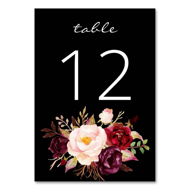 Tarjeta De Mesa Burgundy Marsala y Pink Floral 3- Negro (Reverso)