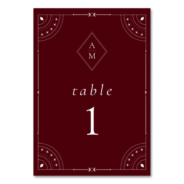 Tarjeta De Mesa Burgundy Oscuro Luna y Estrellas Celestiales (Anverso)