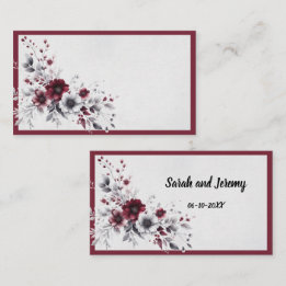 Tarjeta De Mesa Burgundy Profundo Floral Acuarela Gris Plateado Pe