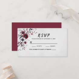Tarjeta De Mesa Burgundy Profundo Gris Plateado Acuarela Floral Pe