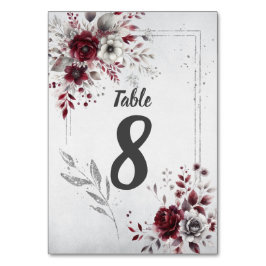 Tarjeta De Mesa Burgundy Profundo Gris Plateado Acuarela Floral Pe