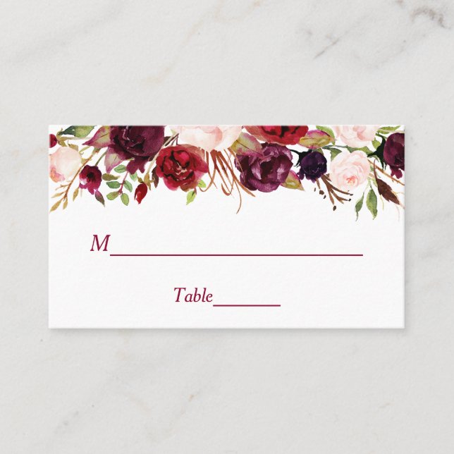 Tarjeta De Mesa Burgundy Red Floral Boda Plaza Escort Card (Anverso)